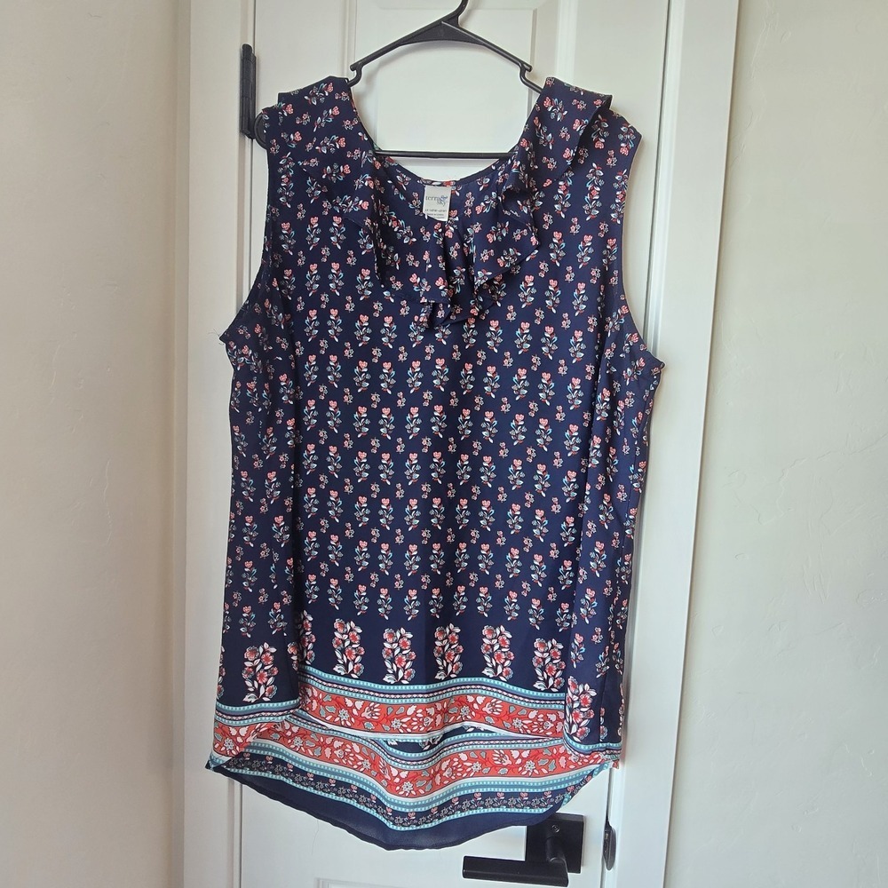 TERRA & SKY Navy-Blue Red Floral Top Ruffle V-Neck Sleeveless Women's 1X 16W 18w